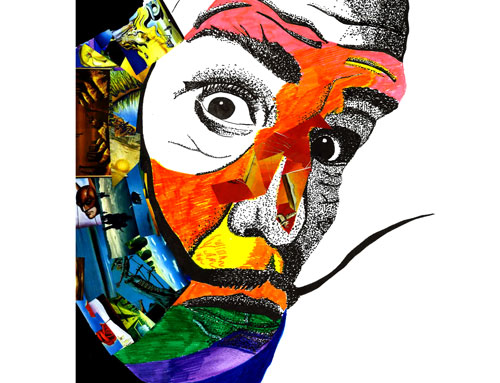 A hand drawn image of Salvador Dali using a mixture of collage, warm and cool
							colours, and pointillism