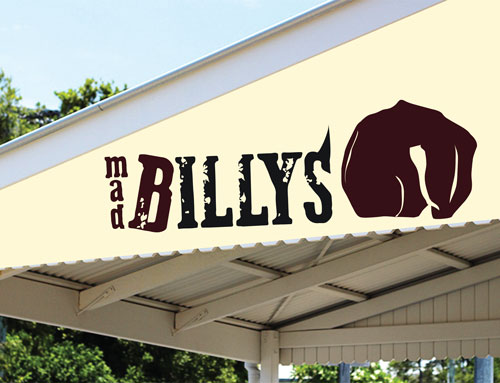 a logo for a cafe called Mad Billys, featuring large brown and white text
							with a picture of a rhino’s butt