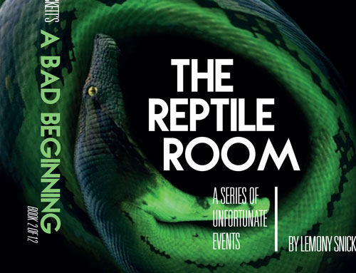 A re-designed book cover for Lemony Snickett’s book The Reptile
							Room. The front cover features a large green python appearing to eat the words The Reptile Room; the back cover has a black background with a
							white blurb and on the left in squares are images of children.